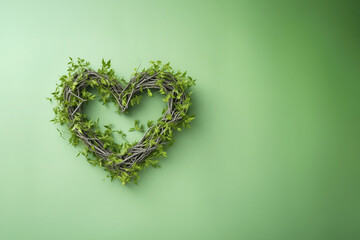 Valentine's day heart shaped natural tree branches with green fresh foliage banner postcard with empty space on green background. Generative AI