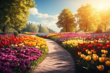A winding pathway leads through a vibrant field of colorful flowers, each bloom a unique spectacle...
