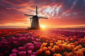 Colorful tulips Mix flowers growing in spring field in Holland park, in sunlight and Dutch rustic windmill  - obrazy, fototapety, plakaty