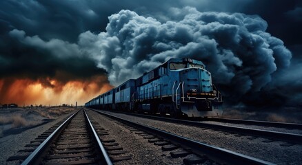 a blue and black train is on the tracks with a stormy sky
