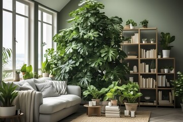 A vibrant living room bursting with an abundance of lush green plants, creating a serene and refreshing atmosphere