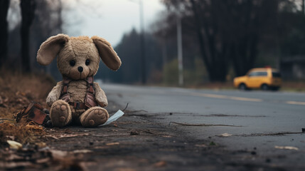 A discarded toy lies on the asphalt road. Concept of rejection and loneliness. Alone plush rabbit. 
