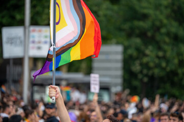 Multicolored and rainbow flags at the gay pride demonstration in Madrid, during the summer of 2023, lesbian, bisexual, LGTBI, thousands of people demonstrating in the str