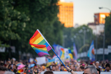 Multicolored and rainbow flags at the gay pride demonstration in Madrid, during the summer of 2023, lesbian, bisexual, LGTBI, thousands of people demonstrating in the str