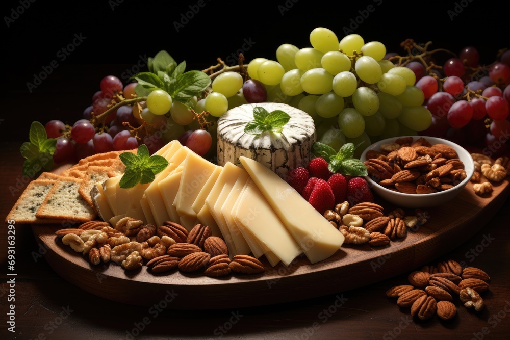 Poster a platter showcases a tantalizing array of cheese, nuts, and grapes, offering a harmonious blend of 