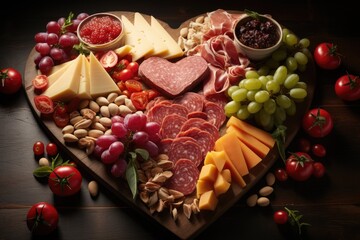 heart shaped charcuterie board filled with a selection of cured meats, cheese slices, crackers, grapes, nuts, and berries, arranged to create a romantic and appetizing spread - Powered by Adobe