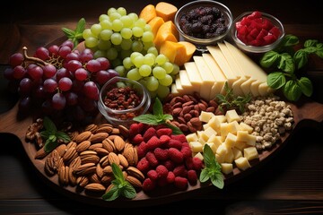 gourmet cheese board with a variety of cheeses, fresh grapes, nuts, basil