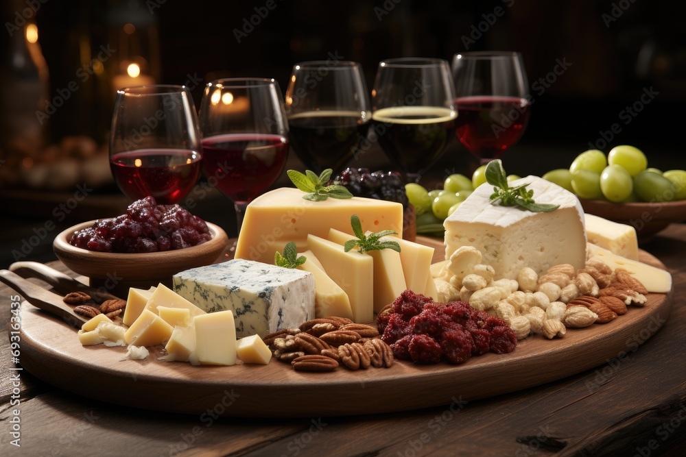 Poster A wooden plate is overflowing with a variety of delectable cheese and nuts, creating a visually appealing and appetizing presentation