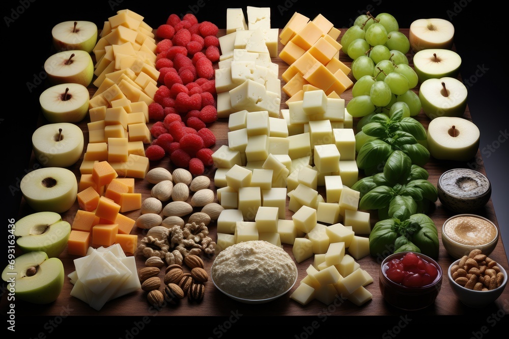Poster A bountiful table adorned with an array of different types of cheeses, from creamy brie to sharp cheddar, creating a vibrant and appetizing display
