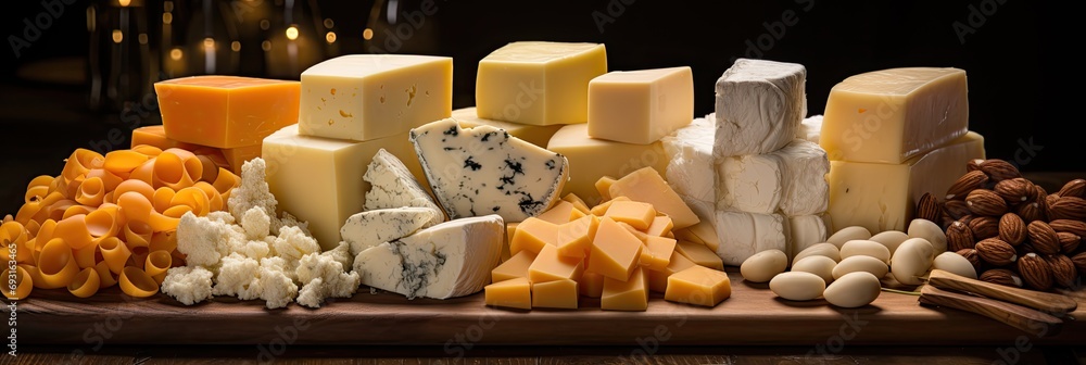Poster a colorful assortment of artisanal cheeses displayed on a rustic wooden table. various textures, sha