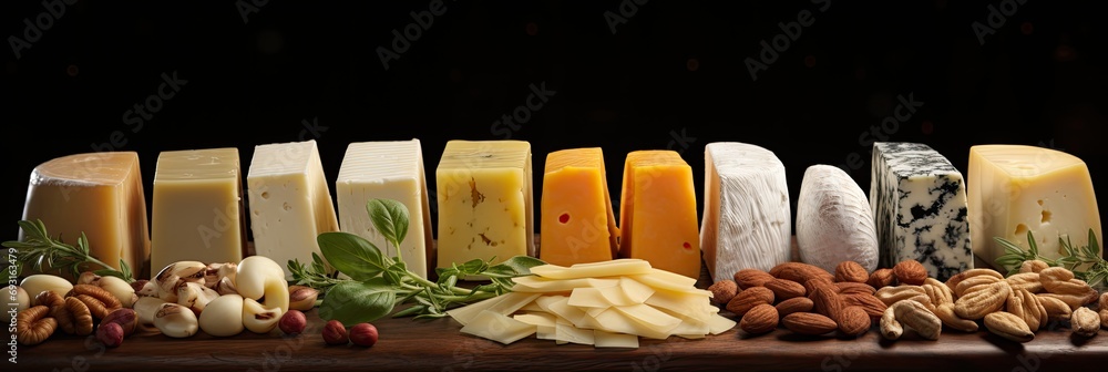 Poster A variety of unique and delicious cheeses of different shapes, sizes, and colors are displayed on a rustic table