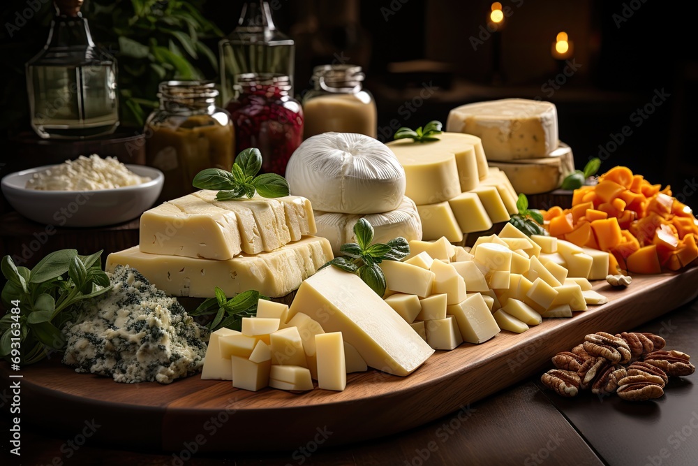 Aufkleber A wooden platter overflows with an array of artisanal cheeses and assorted nuts, creating a savory and delightful spread for any occasion
