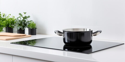 Modern black induction stove with ceramic top in white kitchen.