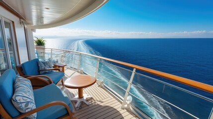 A close-up of a luxurious cabin balcony on a cruise ship - obrazy, fototapety, plakaty