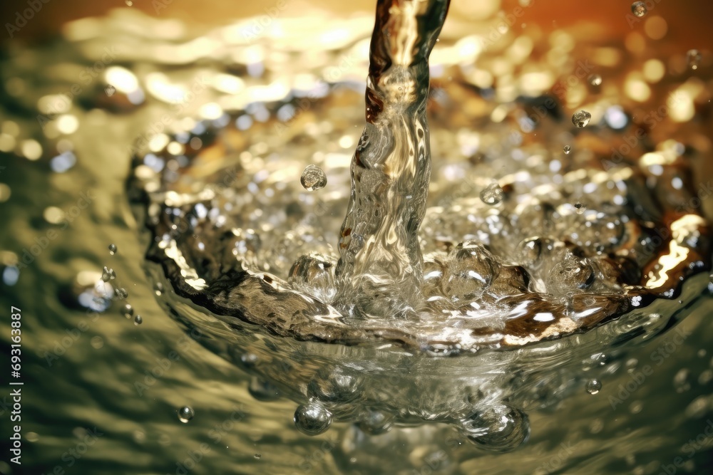 Poster a mesmerizing close-up of a single water drop on a brown background, capturing intricate textures an
