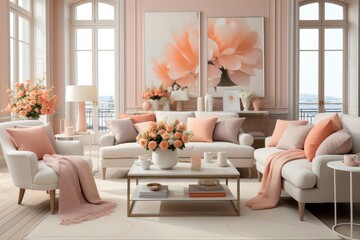 In this stylish living room, the trendy peach color scheme adds a touch of warmth and fuzz - obrazy, fototapety, plakaty