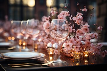 beautiful table setting for a wedding with  tall crystal glass, in white pink gold colors