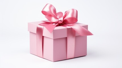 A gift box in pale pink pastel color on a blurred background. Heart-shaped bokeh.