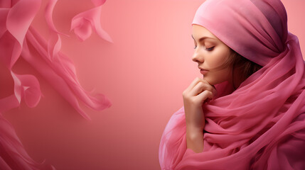 Banner de concepto de cáncer de mama mujer en tonos rosas con listón de símbolo feminista - obrazy, fototapety, plakaty