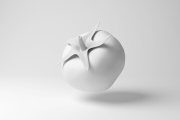 White tomato floating in mid air on white background in monochrome and minimalism. Illustration of the concept of fruits, vegetable and nutrition - obrazy, fototapety, plakaty