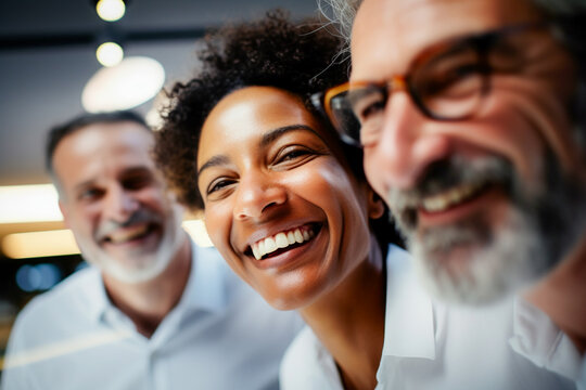 Empleados felices se re&uacute;nen para mostrar la belleza de la diversidad, los diferentes or&iacute;genes y culturas en el lugar de trabajo.