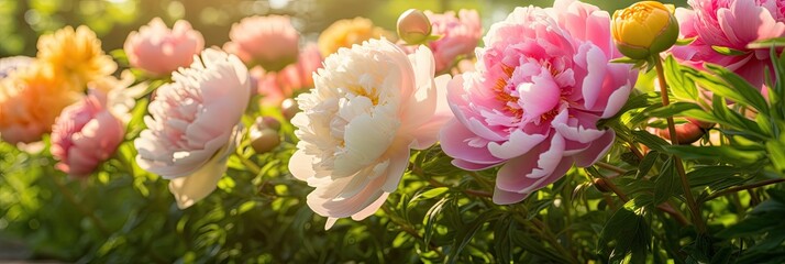 Fototapeta premium A stunning display of natures beauty, a row of vibrant pink and yellow flowers stand tall in a lush garden