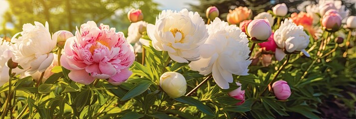 A colorful ensemble of peony  flowers dancing gracefully amidst lush green grass under the warm sunlight