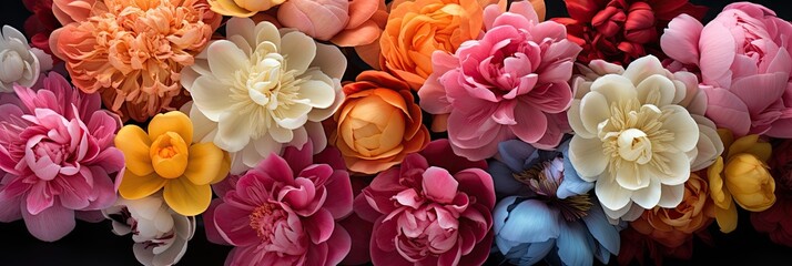 A vibrant array of different colored flowers bloom against a dramatic black backdrop, creating a mesmerizing and harmonious visual display