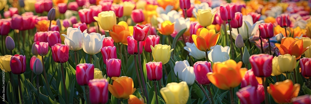 Poster panoramic colorful tulip field background