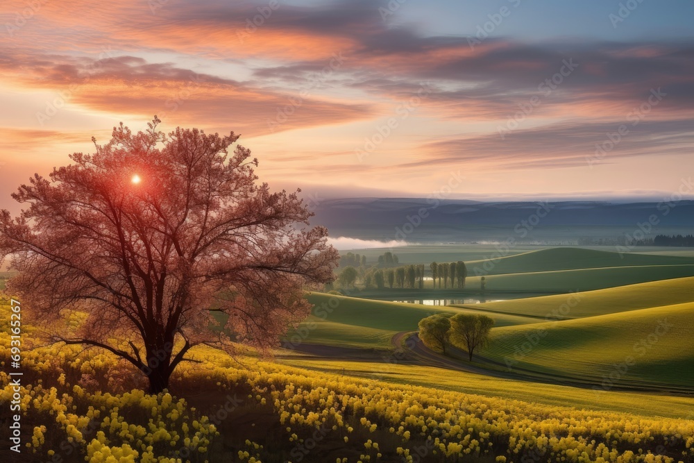 Wall mural Easter  sunrise over landscape with pear and cherry blossom 