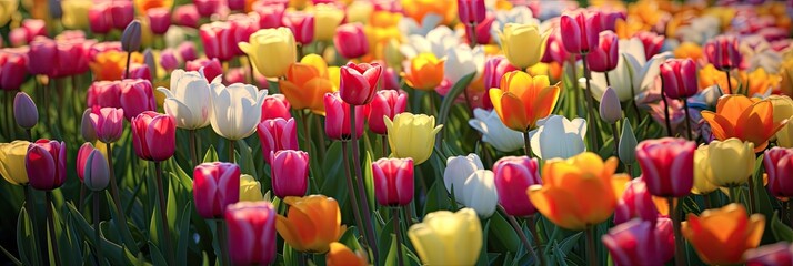 Panoramic colorful tulip field  background - obrazy, fototapety, plakaty