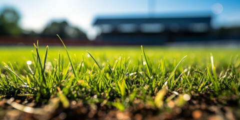 Close-up view of fresh green grass on a sunny day at a sports stadium with blurred background...