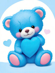 Happy valentine blue teddy bear holding pink heart. Romantic gift, greeting card with place for text. Generative AI