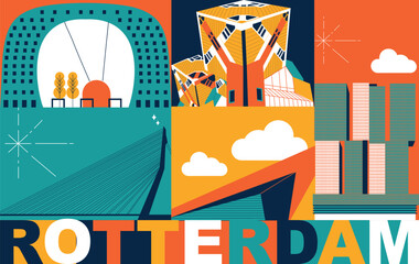 Typography word Rotterdam branding technology concept. Collection flat vector web icons. Culture travel set, famous architectures, specialties silhouette. European famous landmark, split video screen