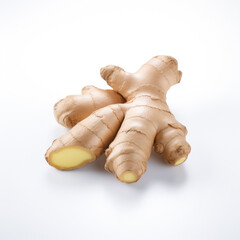 Fresh ginger with green leaves isolated on white background.