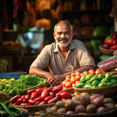 Fototapeta premium Indian vegetable seller sitting at shop and smiling
