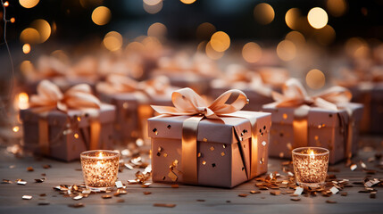 Fototapeta na wymiar Splendid rose gold gift boxes with silken ribbons against glittering background, AI Generated