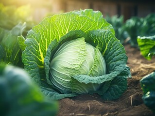 Obraz premium Fresh cabbage at agriculture field.