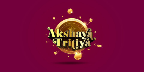Akshaya Tritiya, shopping, advertising, promotional, cash back, sales, offer background. Indian hindu festival. Golden coins, money, jewellery, wealth, Gift box, sale offers on red background.