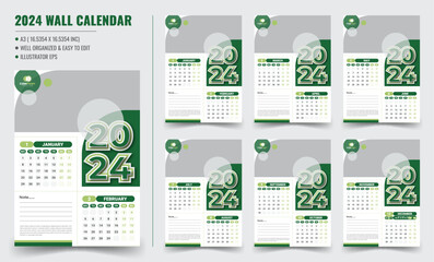 2024 6-page wall calendar template design.  Editable wall calendar template