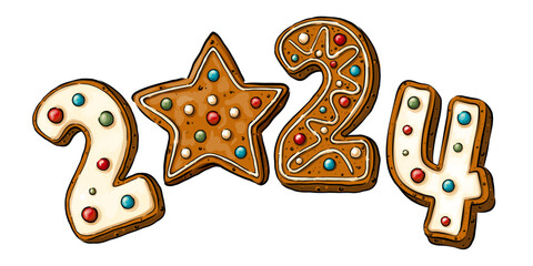 Gingerbread cookies in the form of numbers 2024 in cartoon style on a white background