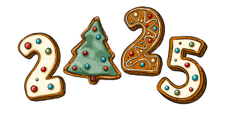 Text 2025 in gingerbread style with multi-colored icing. New Year, sweet, dessert or winter holiday theme.