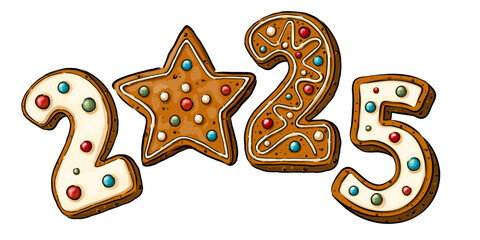 Text 2025 in gingerbread style with multi-colored icing. New Year, sweet, dessert or winter holiday theme.