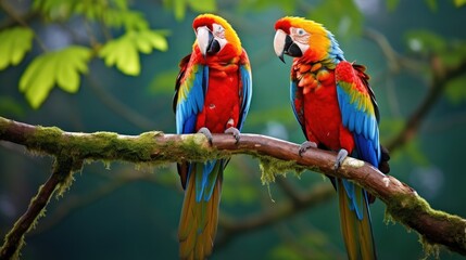 Obraz premium A pair of brilliantly colored macaws perch atop a branch