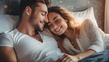 Couple in Lovingly in Bed - Valentine's Day - obrazy, fototapety, plakaty