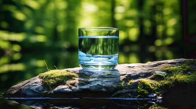 Glass of water on table in front of green landscape. Fresh mineral healthy drinking water. Transparent aqua summer sky green forest photo