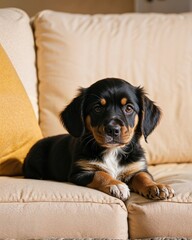 Black puppy on the sofa, low focus portrait photo, super cute, HD image