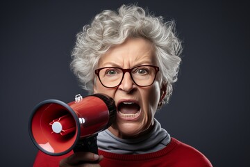 Vibrant fashion studio shot of an expressive elderly woman passionately screaming into a megaphone - obrazy, fototapety, plakaty