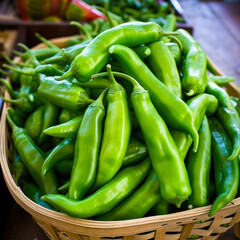 Fresh green chilli in wooden basket