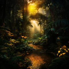 tropical forest with golden light